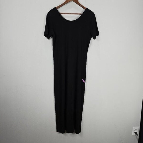 Exclusively Misook Midi Dress M Black Knit W/Side Slit Short Sleeve Minimalist - Picture 7 of 13